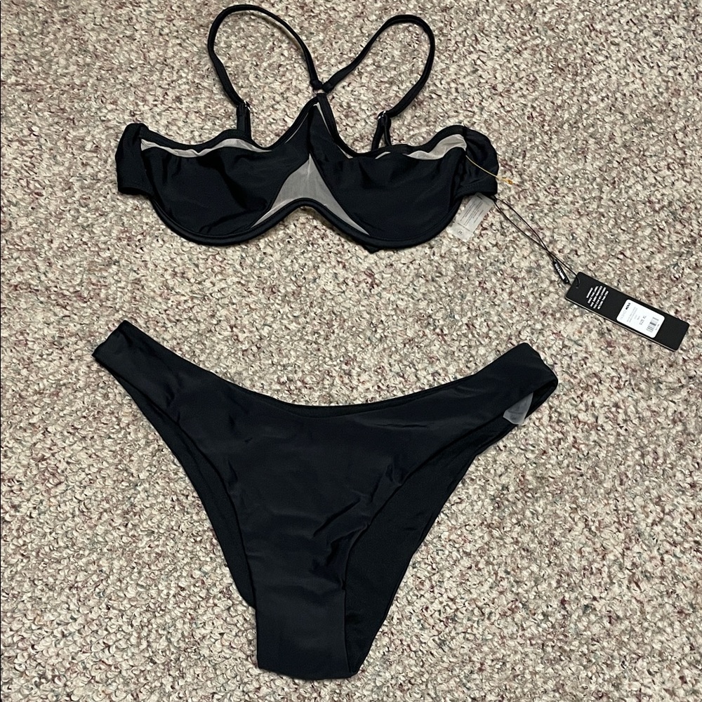 Mesh insert high hip cut Black Bikini Set